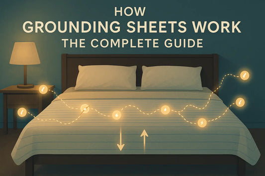 Illustration of a grounding sheet on a bed with glowing electrons flowing toward a sleeping body – hero image for How Grounding Sheets Work guide.